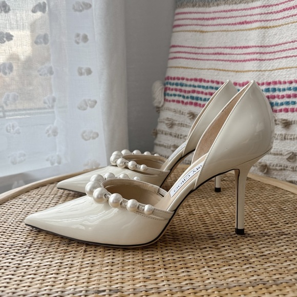 Jimmy Choo Aurelie 85 Latte White Faux Pearl Embellished Patent Leather Pumps 39 - Picture 7 of 11